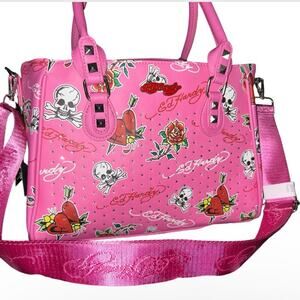 ED HARDY PINK BLING INSULTED LUNCH RHINESTONE TOTE PURSE SKULLS ROSES HEARTS NWT